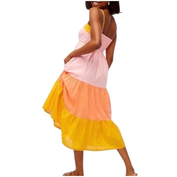 J.Crew Reimagined Tiered Color Block Pink Orange Midi Dress With Pockets Size 12 - Picture 2 of 11